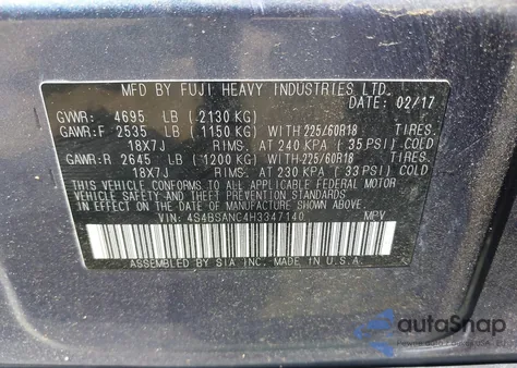 2017 Subaru Outback 2.5I Limited from USA, damaged, VIN 4S4BSANC4H3347140